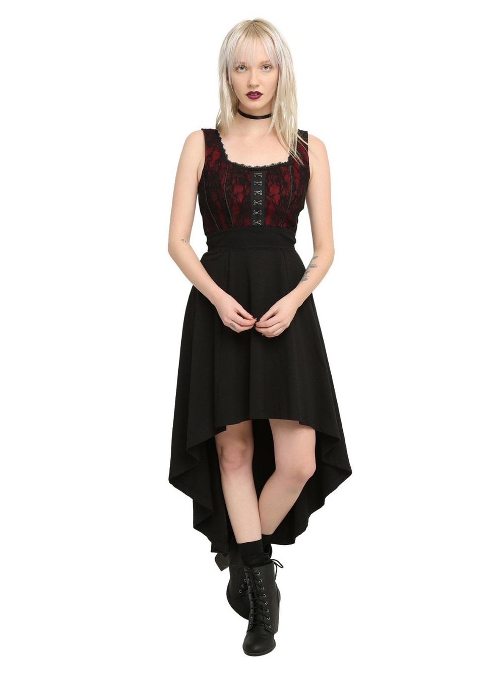 Royal Bones Black Dress with Burgundy Lace Bodice High-Low Hem